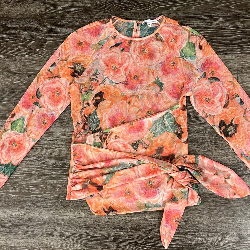 Ala Von Auersperg Mesh Top Taj Floral‎ Print Sheer Long Sleeve Tie Waist Pink M